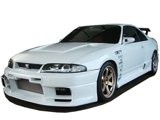 Front View of Side Skirts for Nissan Skyline GT-R R33 Drift on vehicle. Made from 1st grade FRP (reinforced fiberglass)