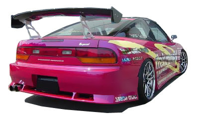 Back View of Rear Bumper for Nissan 180/200 SX Silvia Drift on vehicle. Made from 1st grade FRP (reinforced fiberglass)