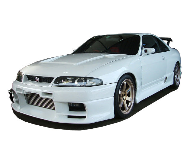 Front View of Front Bumper for Nissan Skyline GTR R33 Drift on vehicle. Made from 1st grade FRP (reinforced fiberglass)