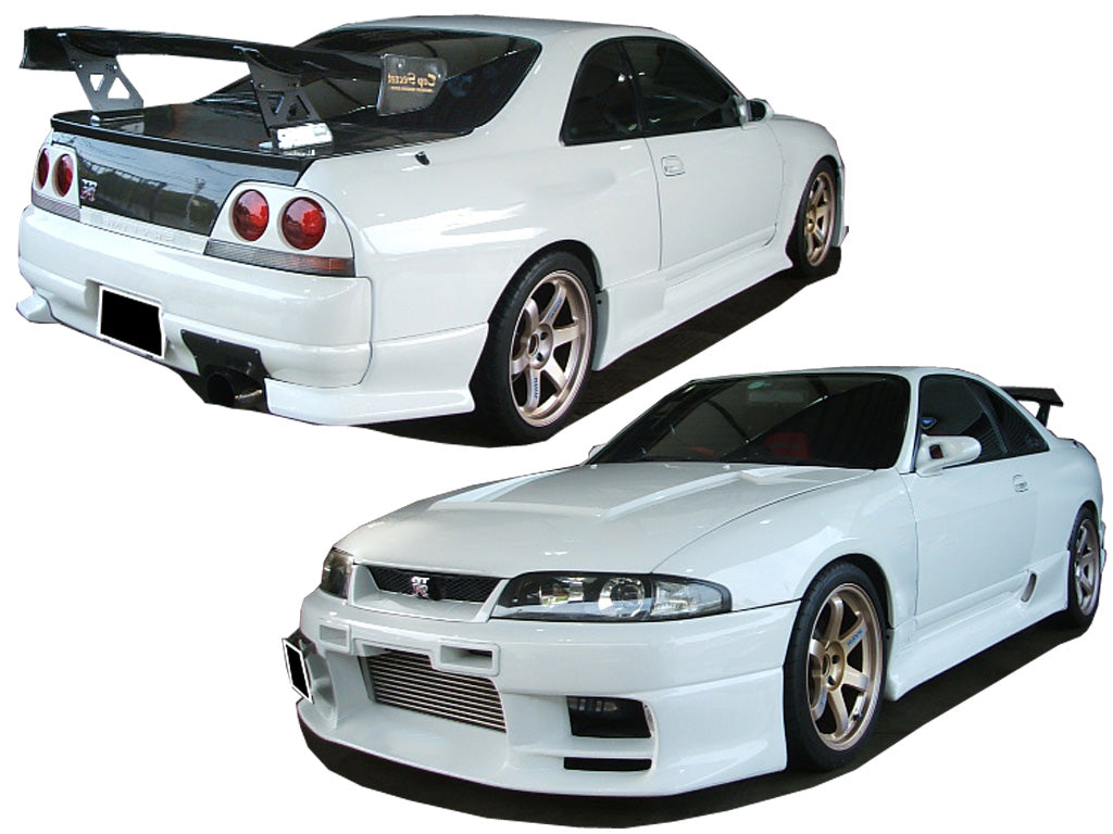 Front Bumper, Rear Bumper Corners & Side Skirts of Body Kit for Nissan Skyline GTR Drift on vehicle. Made from 1st grade FRP (reinforced fiberglass)