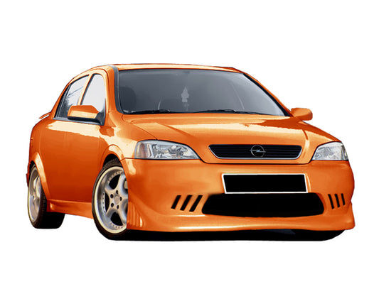 Front View of Front Bumper for Opel Astra G Spirit on vehicle. Made from 1st grade FRP (reinforced fiberglass)