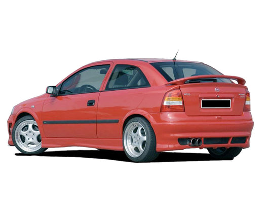 Back View of Rear Bumper for Opel Astra G Sport on vehicle. Made from 1st grade FRP (reinforced fiberglass)