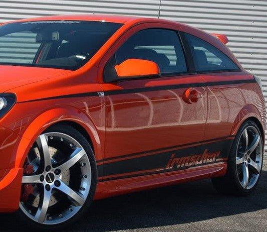 Side View of Side Skirts for Opel Astra H (3 Doors) on vehicle. Made from 1st grade FRP (reinforced fiberglass)