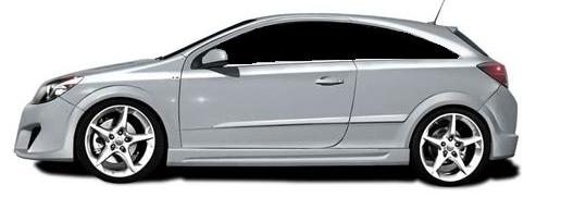 Side View of Side Skirts for Opel Astra H GTC Invader on vehicle. Made from 1st grade FRP (reinforced fiberglass)