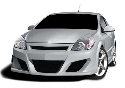 Front View of Front Bumper for Opel Astra H Magnum on vehicle. Made from 1st grade FRP (reinforced fiberglass)