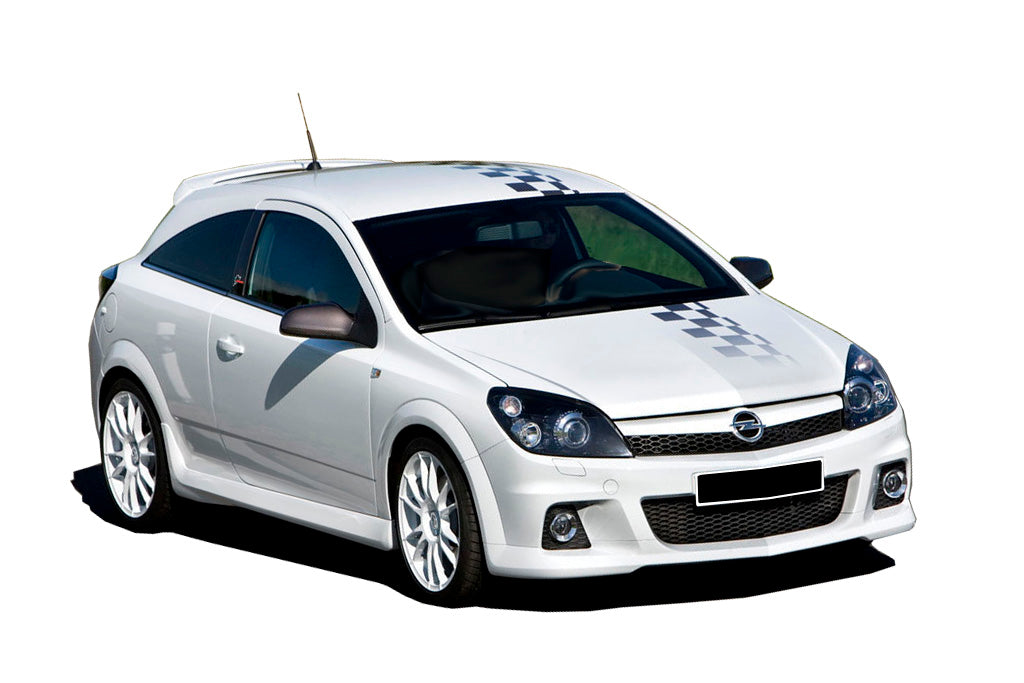 Front Vuew of Front Bumper for Opel Astra H OPC on vehicle. Made from 1st grade FRP (reinforced fiberglass)