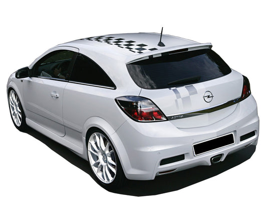 Back View of Rear Bumper for Opel Astra H OPC on vehicle. Made from 1st grade FRP (reinforced fiberglass)