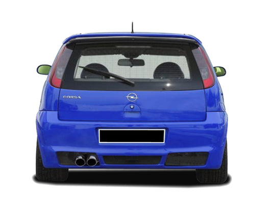 Back View of Rear Bumper for Opel Corsa C West on vehicle. Made from 1st grade FRP (reinforced fiberglass)