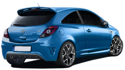 Back View of Rear Bumper for Opel Corsa D OPC (Regular Exhaust) on vehicle. Made from 1st grade FRP (reinforced fiberglass)