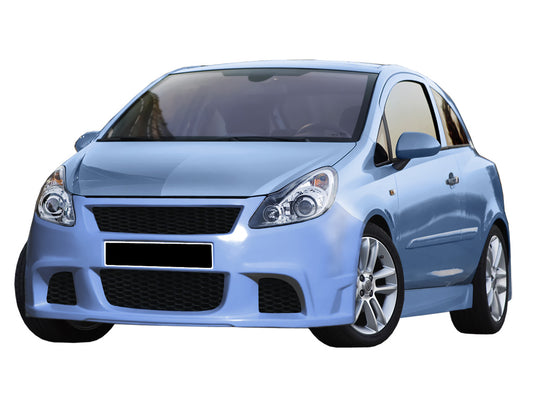 Front View of Front Bumper for Opel Corsa D Sport on vehicle. Made from 1st grade FRP (reinforced fiberglass)