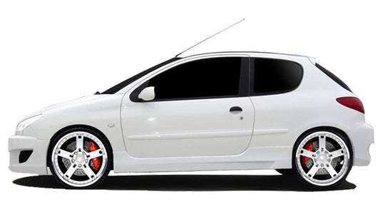 Side View of Side Skirts for Peugeot 206 Drift on vehicle. Made from 1st grade FRP (reinforced fiberglass)