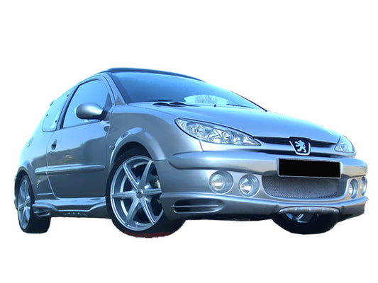 Front View of Front Bumper for Peugeot 206 Super GT on vehicle. Made from 1st grade FRP (reinforced fiberglass)