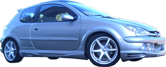 Side View of Side Skirts for Peugeot 206 Super GT on vehicle. Made from 1st grade FRP (reinforced fiberglass)