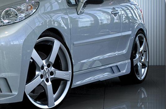 Close-up View of Side Skirts for Peugeot 207 Super Star on vehicle. Made from 1st grade FRP (reinforced fiberglass)