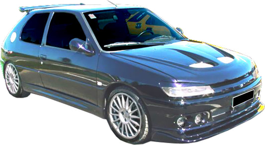 Side View of Side Skirts for Peugeot 306 on vehicle with 3 Doors. Made from 1st grade FRP (reinforced fiberglass)