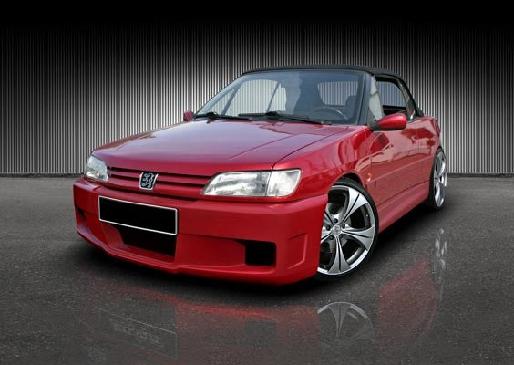 Front View of Front Bumper for Peugeot 306 II Cabriolet Denim on vehicle. Made from 1st grade FRP (reinforced fiberglass)
