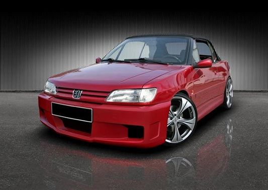 Front View of Front Bumper for Peugeot 306 II Cabriolet Denim on vehicle. Made from 1st grade FRP (reinforced fiberglass)