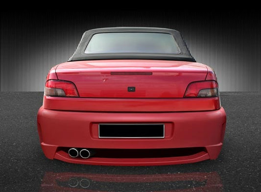 Back View of Rear Bumper for Peugeot 306 II Cabriolet Denim on vehicle. Made from 1st grade FRP (reinforced fiberglass)