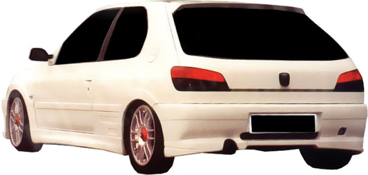 Back View of Rear Bumper for Peugeot 306 I/II on vehicle. Made from 1st grade FRP (reinforced fiberglass)