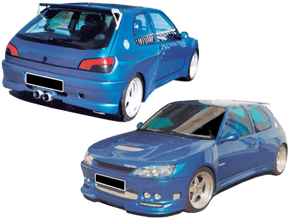 Front Bumper, Rear Bumper, Front Wide Fenders, Rear Wide Wheel Panels & Side Skirts of Body Kit for Peugeot 306 II Refresh on vehicle. 