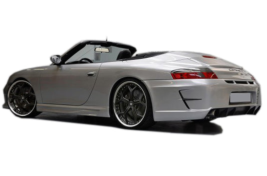 Back View of Rear Bumper for Porsche 911/996 on vehicle. Made from 1st grade FRP (reinforced fiberglass)