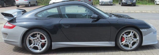 Side View of Side Skirts for Porsche 911/997 GT3 Look on vehicle. Made from 1st grade FRP (reinforced fiberglass)