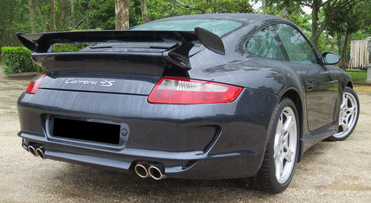 Back View of Rear Bumper for Porsche 911/997 GT3 Look on vehicle. Made from 1st grade FRP (reinforced fiberglass)