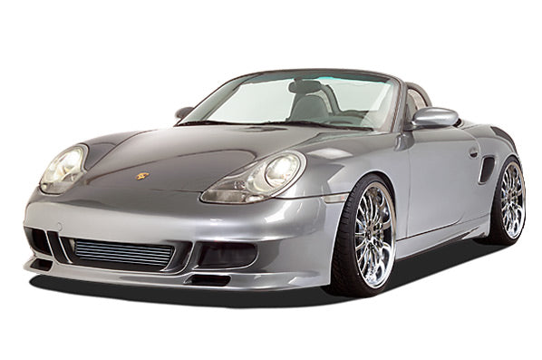 Front View of Front Bumper for Porsche Boxster 986 GT3 Look on vehicle. Made from 1st grade FRP (reinforced fiberglass)