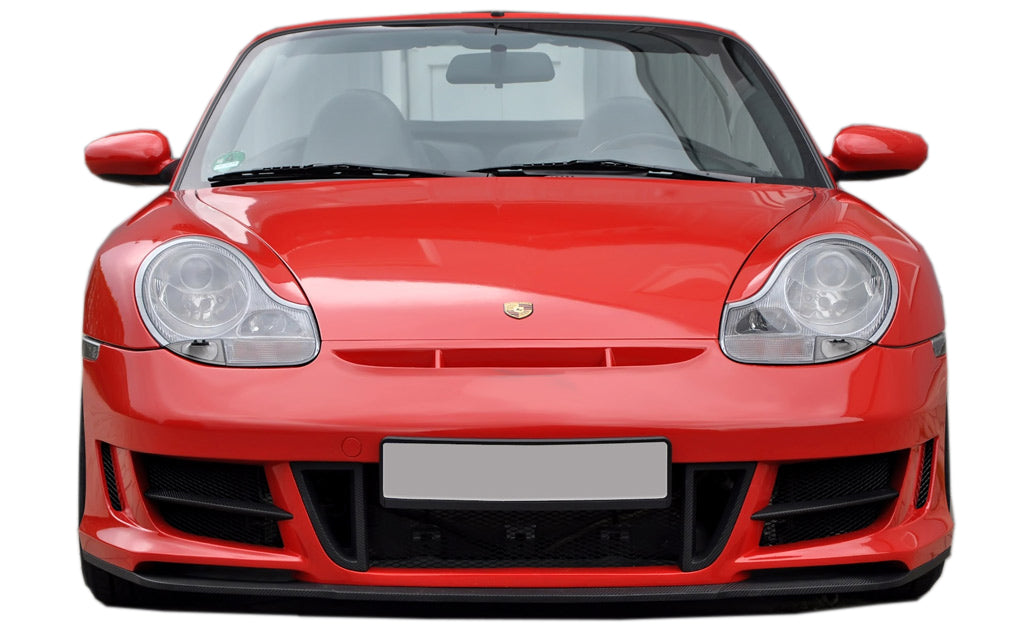 Front View of Front Bumper for Porsche Boxster 986 on vehicle. Front Lip included. Made from 1st grade FRP (reinforced fiberglass)