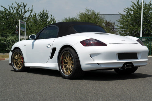 Back View of rear Bumper for Porsche Boxster GT3 Look on vehicle. Made from 1st grade FRP (reinforced fiberglass)