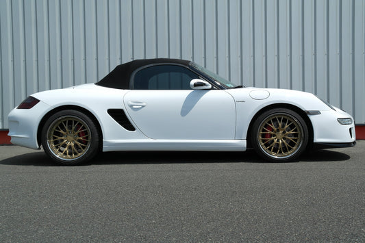 Side View of Side Skirts for Porsche Boxster 987 GT3 Look on vehicle. Made from 1st grade FRP (reinforced fiberglass)