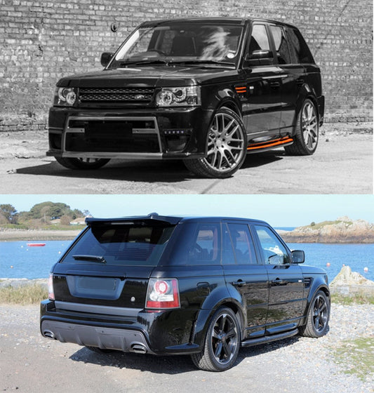Front Bumper, Front Bumper Central Grill, Rear Bumper, Rear Diffuser & Rear Spoiler of Body Kit for Range Rover on vehicle. Made from 1st grade FRP (reinforced fiberglass)