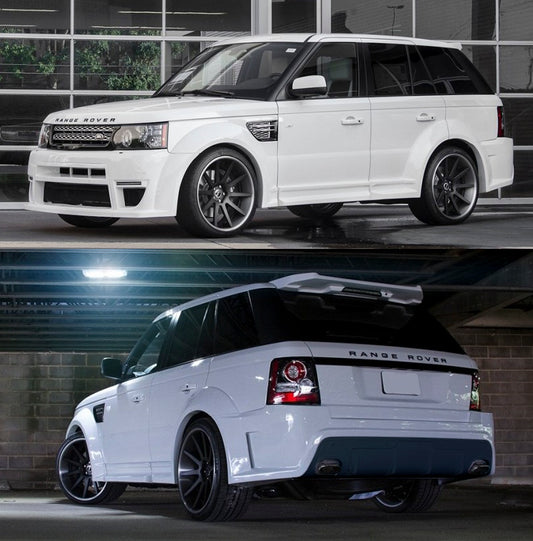 Front Bumper, Rear Bumper, Rear Diffuser, Set of Wide Wheel Arches, Set of Side Skirts & Rear Spoiler of Body Kit for Range Rover L320 on vehicle. Made from 1st grade FRP (reinforced fiberglass)