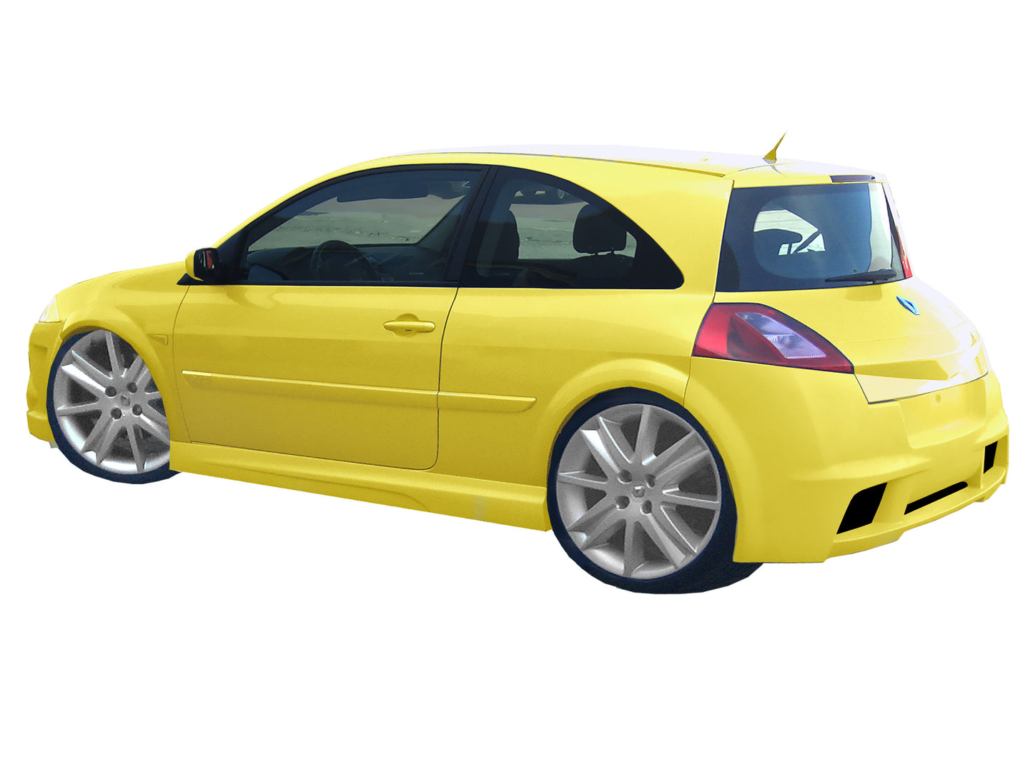 Side View of Side Skirts for Renault Megane 02-05 Sport on vehicle. Made from 1st grade FRP (reinforced fiberglass)