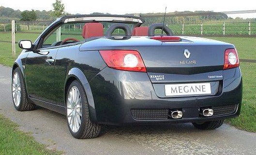 Back View of Rear Bumper for Renault Megane II Cabrio 02-08 F1 Team on vehicle. Made from 1st grade FRP (reinforced fiberglass)