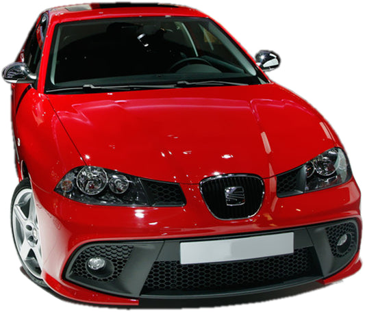 Front View of Front Bumper for Seat Ibiza 02-08 Aero Look on vehicle. Made from 1st grade FRP (reinforced fiberglass)