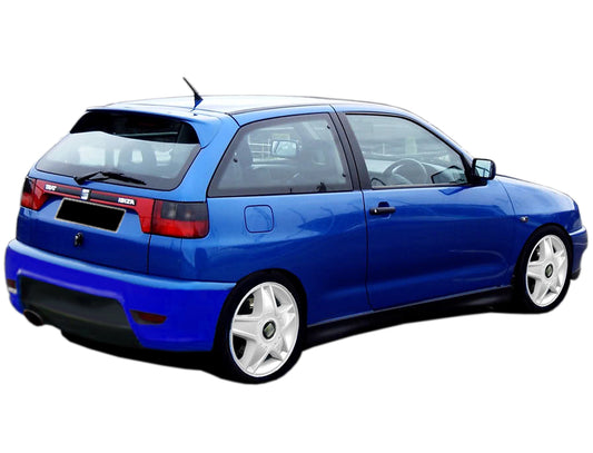 Back View of Rear Bumper for Seat Ibiza 93-99 Cupra Look on vehicle. Made from 1st grade FRP (reinforced fiberglass)