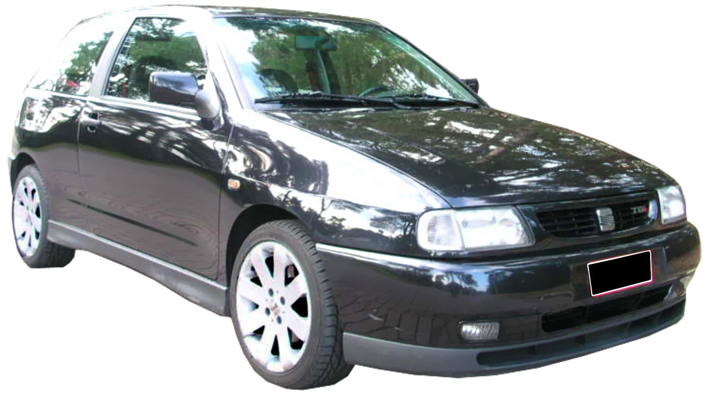 Side View of Side Skirts for Seat Ibiza GT TDI Look on vehicle. Made from 1st grade FRP (reinforced fiberglass).