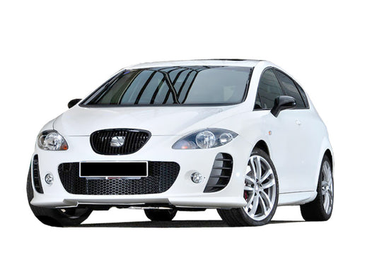 Front View of Front Bumper for Seat Leon II 2006 Copa Edition Look on vehicle. Made from 1st grade FRP (reinforced fiberglass)