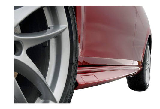 Close-up View of Side Skirts for Seat Leon Copa Edition Look on vehicle. Made from 1st grade FRP (reinforced fiberglass)