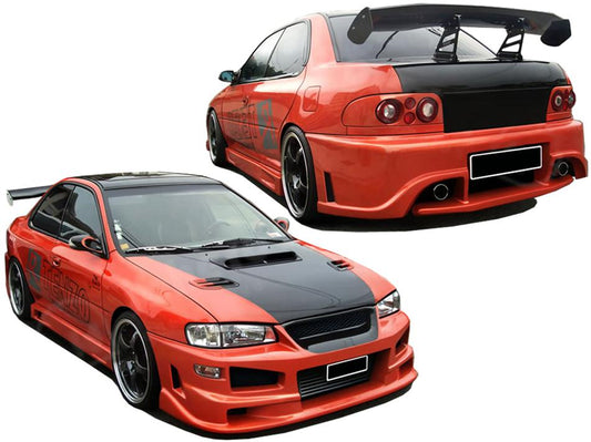 Front Bumper, Rear Bumper & Side Skirts of Body Kit for Subaru Impreza I Monza on vehicle. Made from 1st grade FRP (reinforced fiberglass)