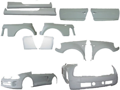 Front Bumper, Rear Bumper, Front Wide Fenders, Rear Wide Wheel Panels, Set of Side Skirts, Door Panels & Side Air Intake of Body Kit for Renault Clio 98 V6 Look on vehicle. 